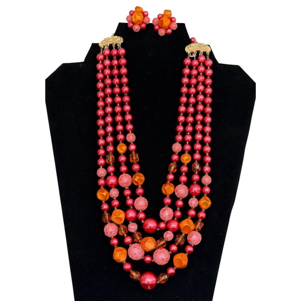 VTG JAPAN Necklace Earrings Set 4-Strand Pink Orange Sugar Bead Clip-On